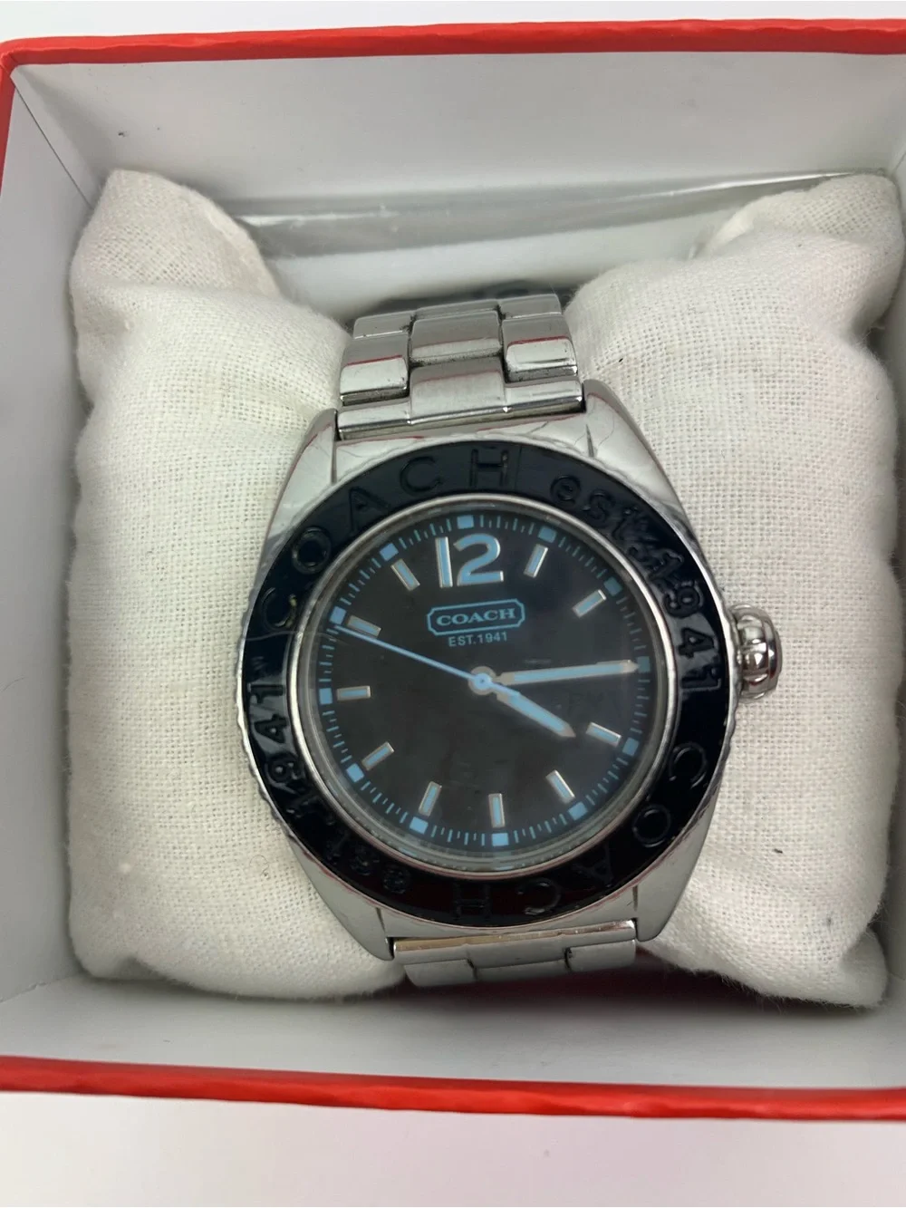 Coach Wrist Watch Andee Unisex Boyfriend Analog Quartz Black Blue Large Silver